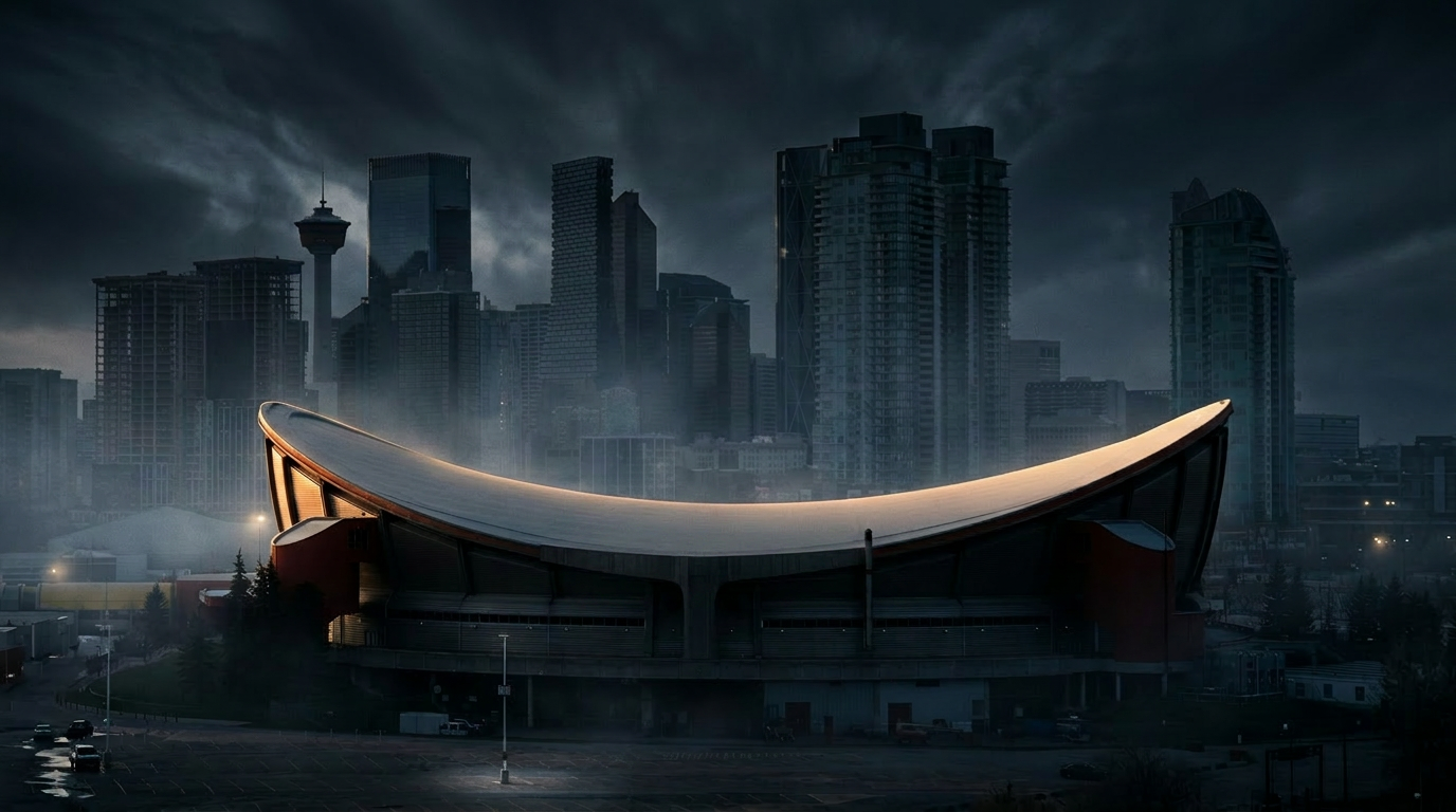 The Calgary Saddledome at twilight, its iconic saddle roof glowing against a moody blue sky