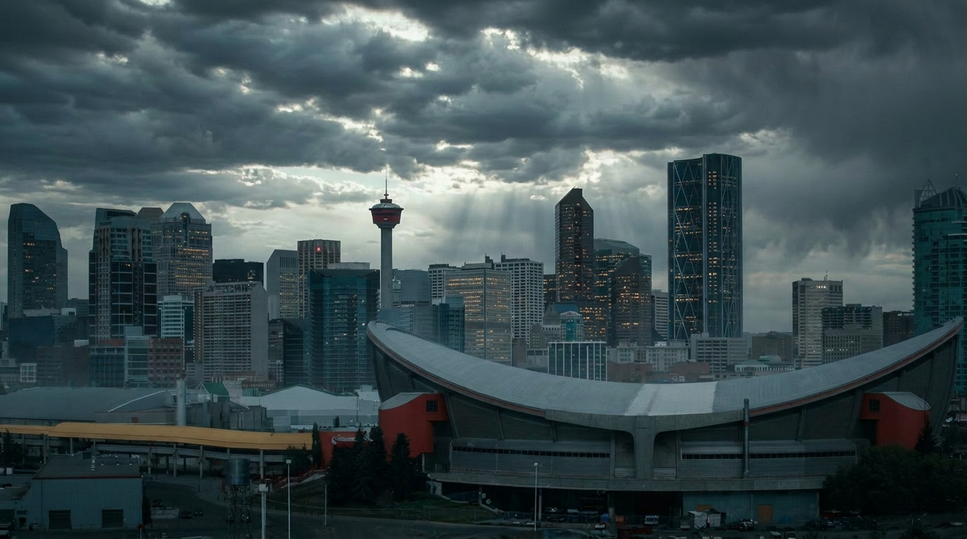 The Saddledome on the Calgary skyline, its saddle-shaped roof rising above the Stampede grounds