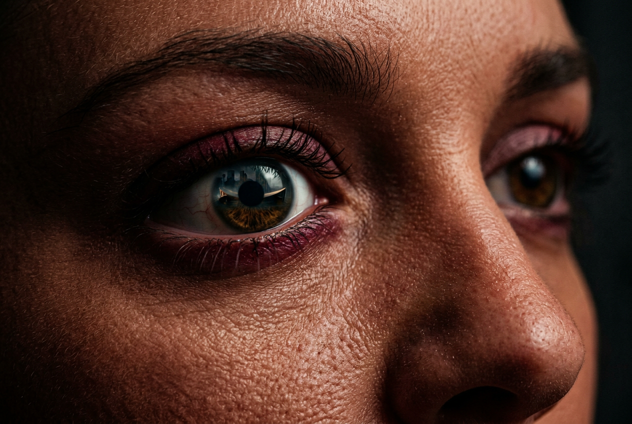 Macro close-up of Jennifer Lee's eye with the Calgary Saddledome reflected in the iris